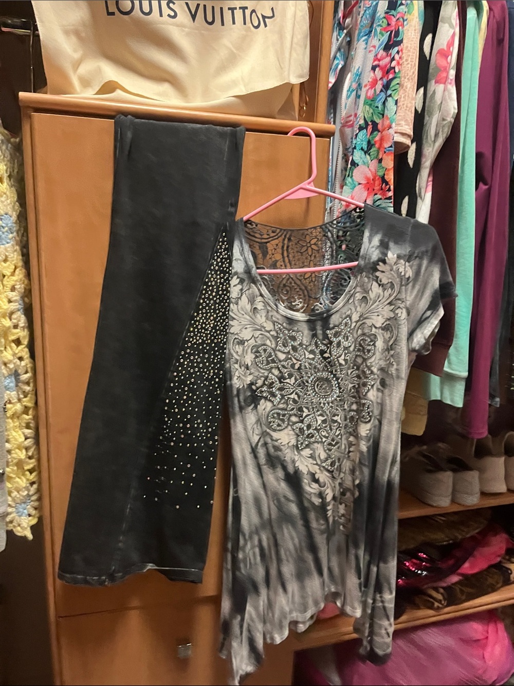 Women’s Gray Tie-Dye Embellished Short Sleeve Top - and rhinestone. Bell bottom
